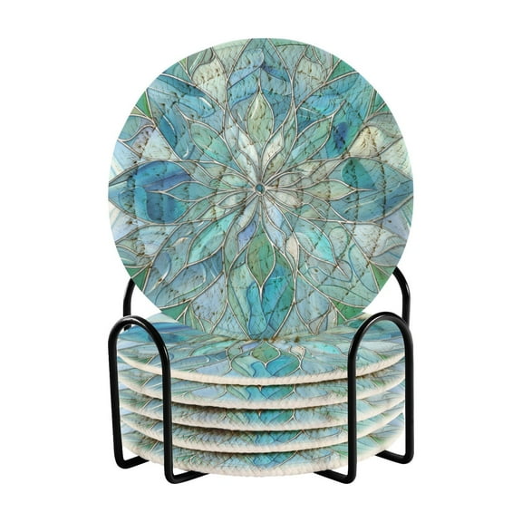 Blue Green Floral Stained Glass Coasters with Holder for Coffee Table 6 Pcs Drink Coaster Sets Absorbent for Home Decor 4 inch