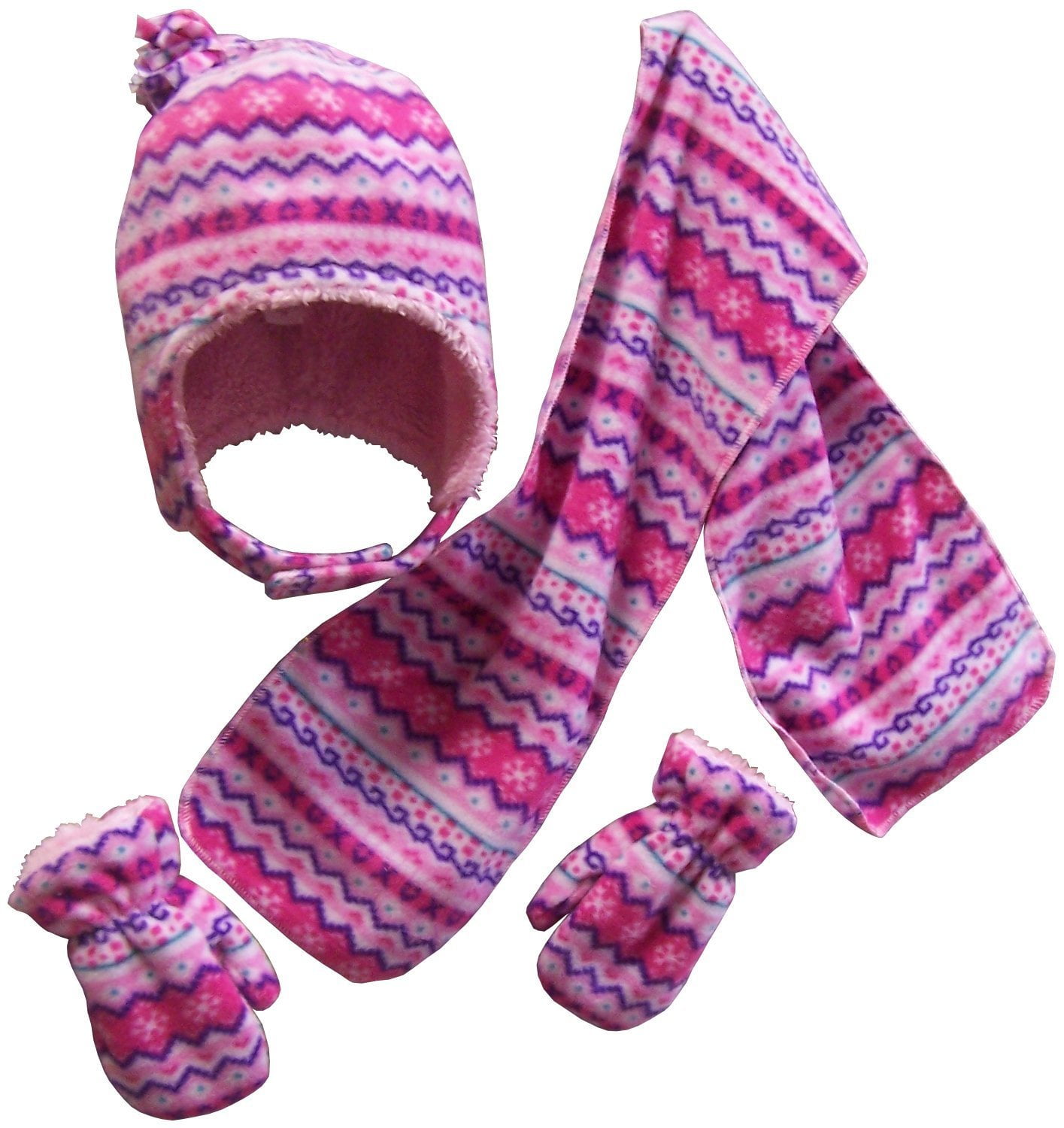 NICE CAPS Toddler Girls Baby Sherpa Lined Knit Hat Mittens Scarf Winter Snow Set
