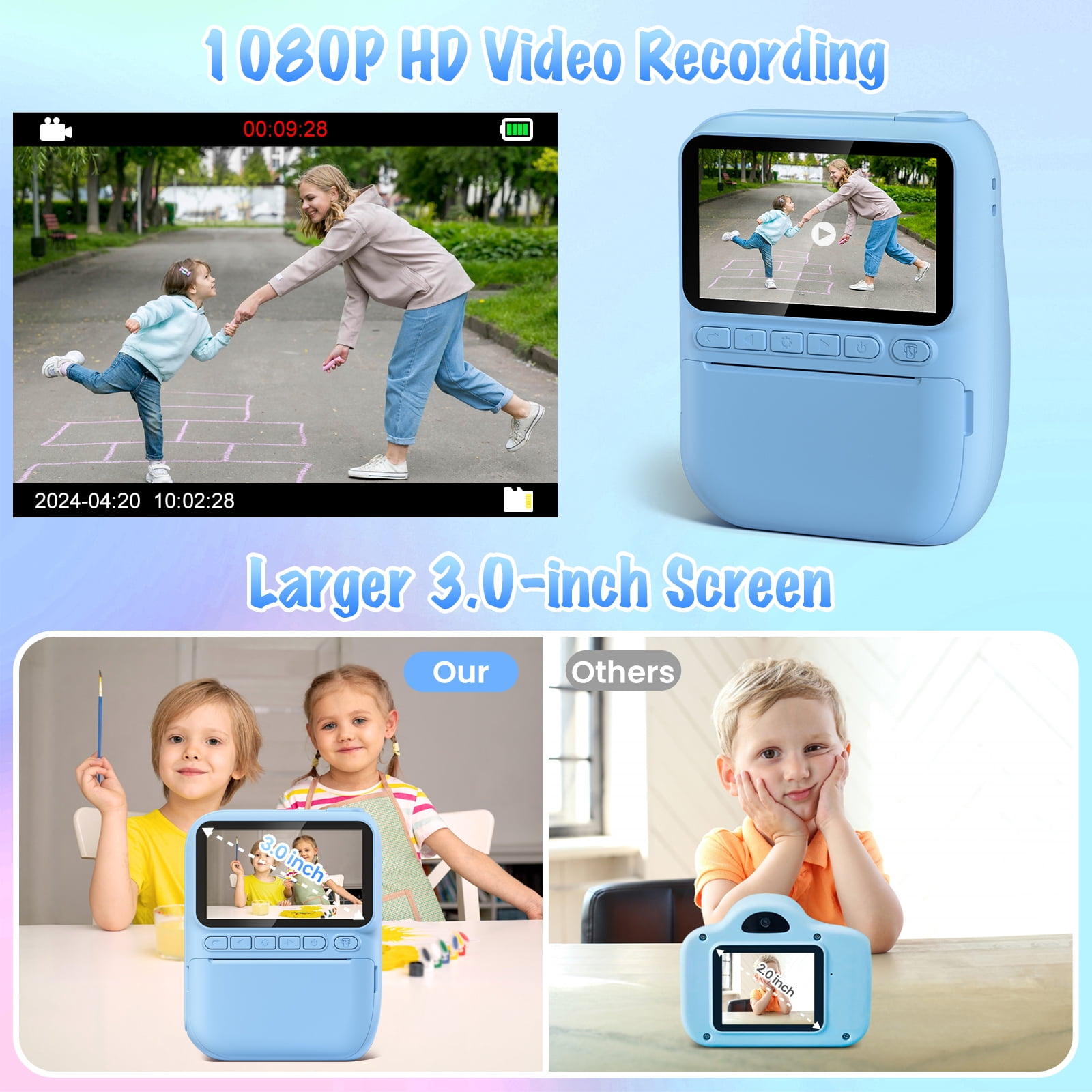 Instant Print Camera for Kids, 3.0" HD 1080P Digital Video Instant Camera for Boys & Girls Age 3-12 Birthday Gifts - Blue