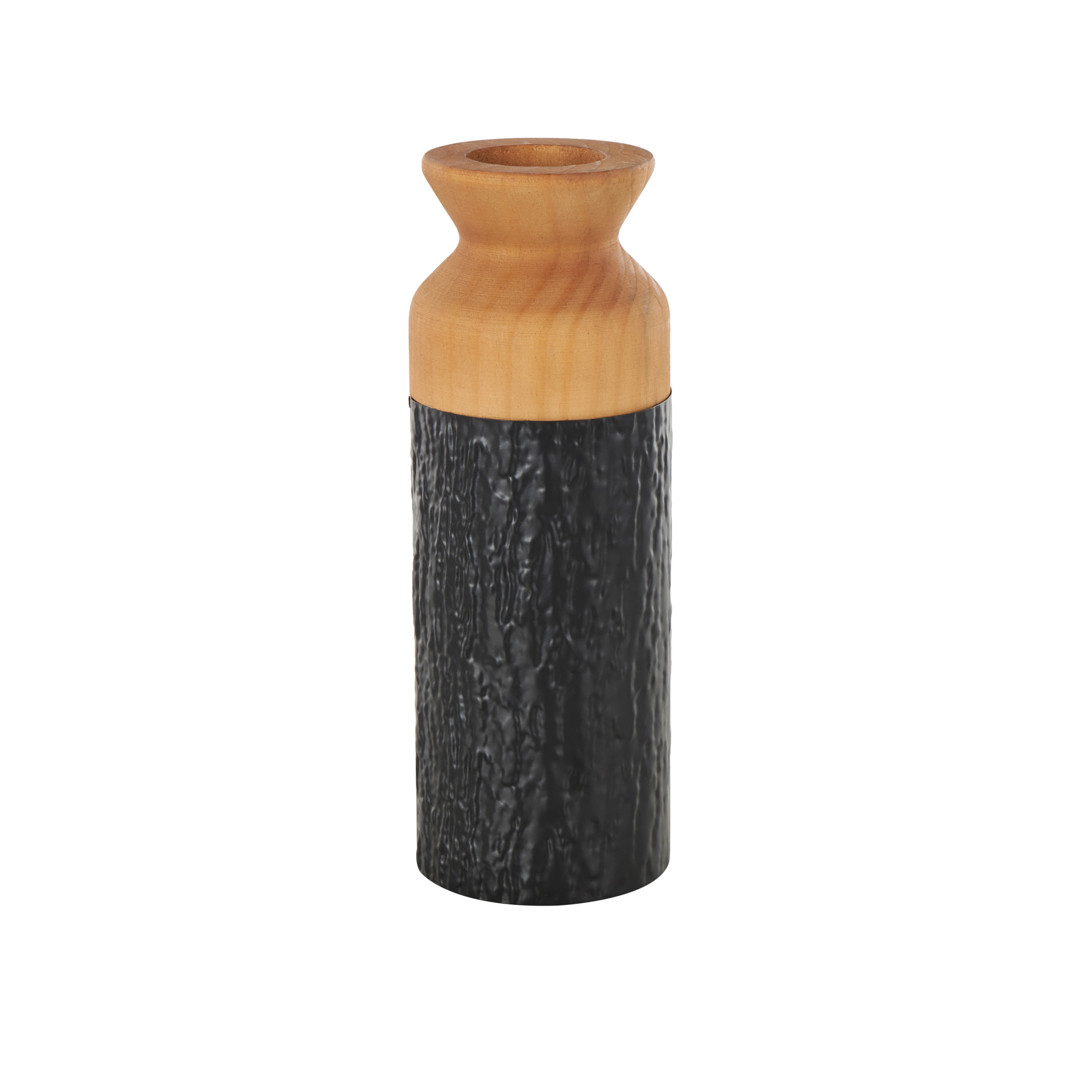 DecMode 11", 10"H Abstract Textured Color Block Black Metal Vase with Brown Wood Tops, Set of 2