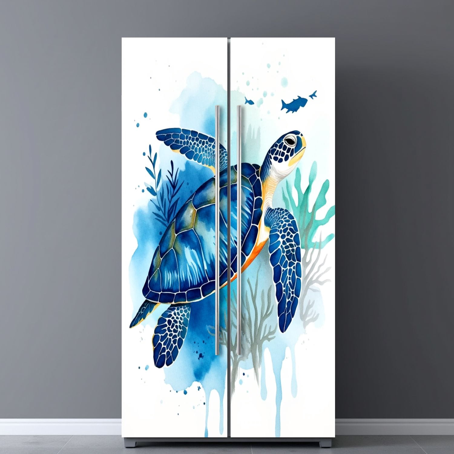 Self Adhesive Vinyl Refrigerator Wrap Set Ocean Blue Turtle Sea Pictures Coastal Print Painting Door Mural Removable Fridge Sticker Peel and Stick&nbsp;Full Door Cover Decal Kitchen Bar Decor