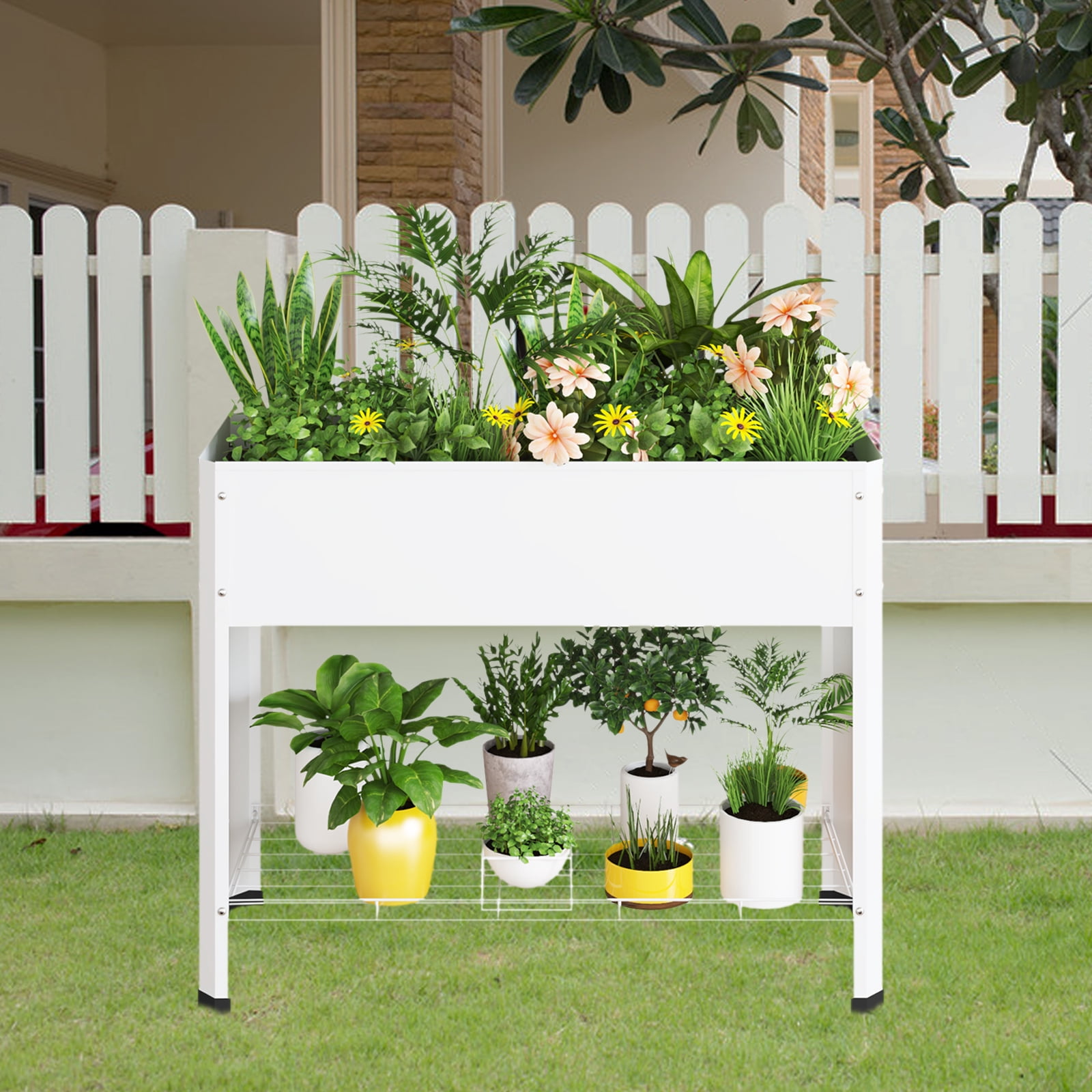 Walsport 40'' Raised Garden Bed Outdoor Elevated Planter Metal Plant Box with Legs Standing Garden Stand,Galvanized Steel Frame Planter Box for Vegetables, Flowers, Herbs, White