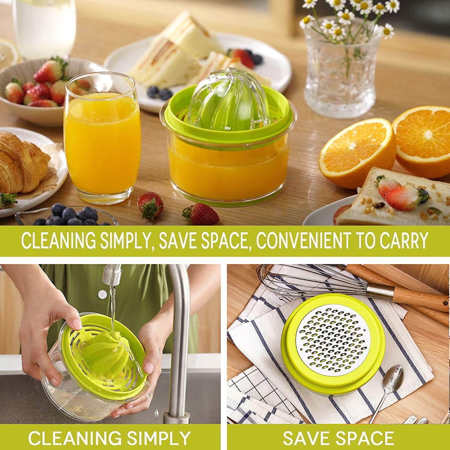 Ginger Garlic Cheese Grater Lemon Manual Hand Squeezer with Built-in 16OZ Measuring Cup Grater，Multi-function Manual Juicer with Multi-size Reamers and Non-Slip Base Citrus Orange Juicer 