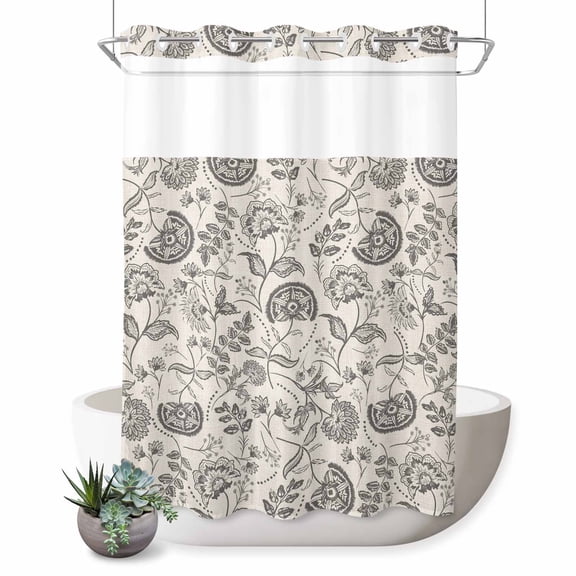 No Hook Shower Curtain, Grey Paisley Shower Curtains for Bathroom with See Through Top Window, Boho Flower Botanical Leaf Branch Waterproof & Washable Bath Curtain Stall 48"x72"