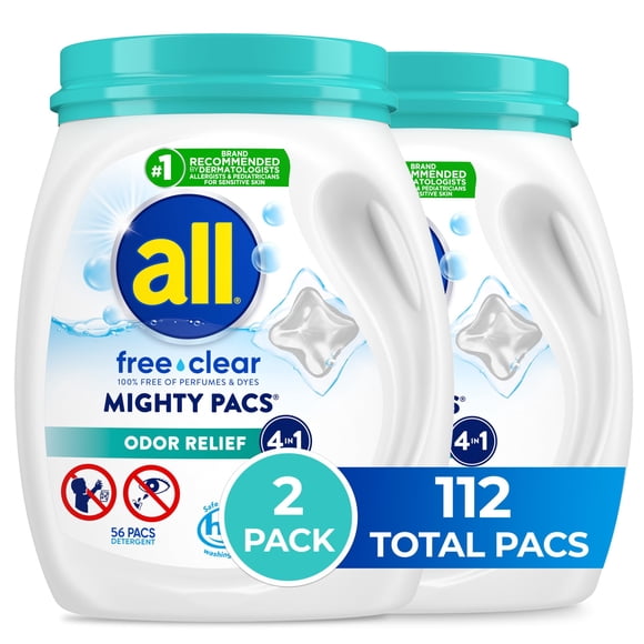Detergente para ropa All Mighty Pacs Free Clear 112 cargas x2