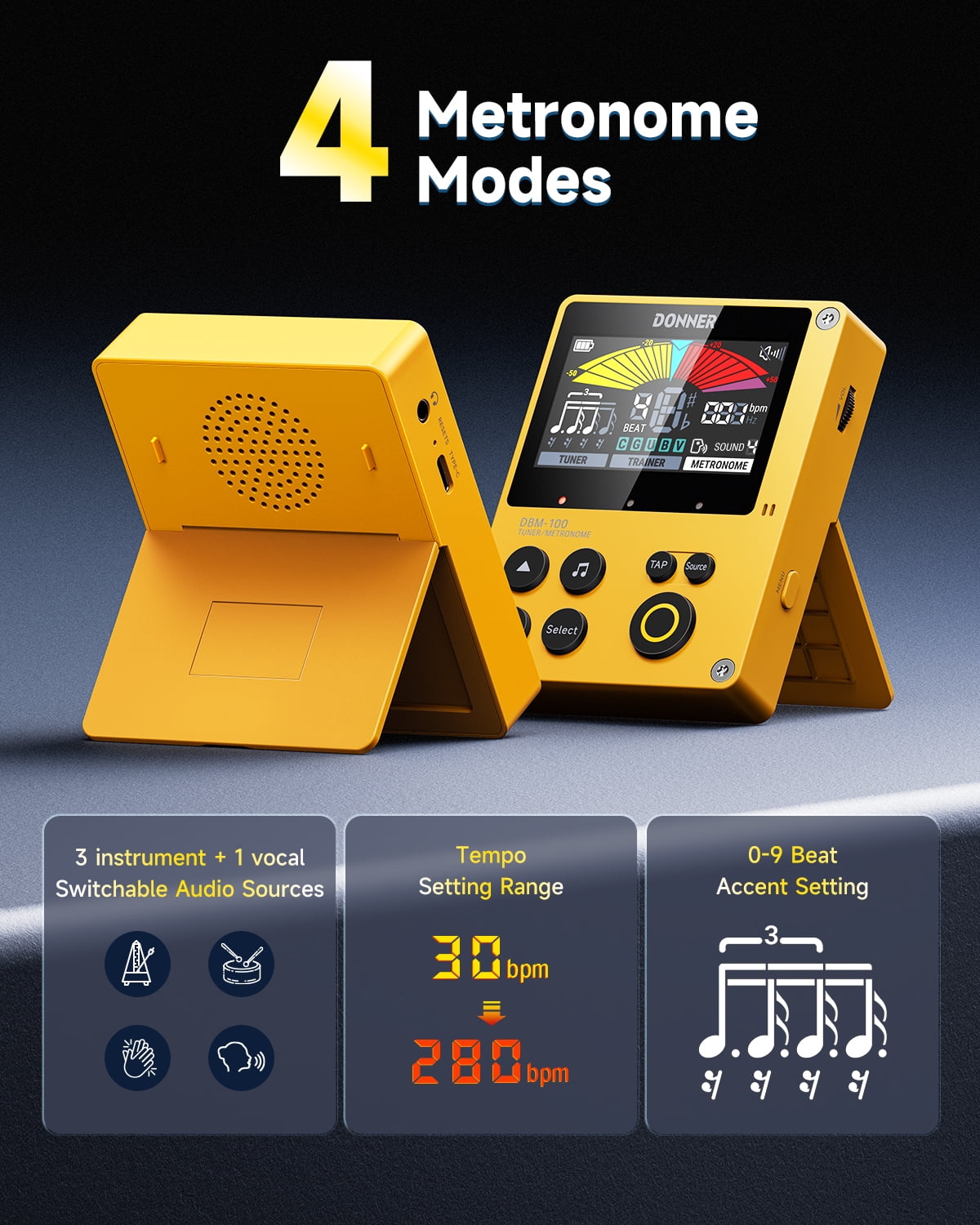 Donner Digital Metronome Tuner 3-in-1 For Guitar, Violin, Ukulele, Piano, Flute & All Instruments, Yellow