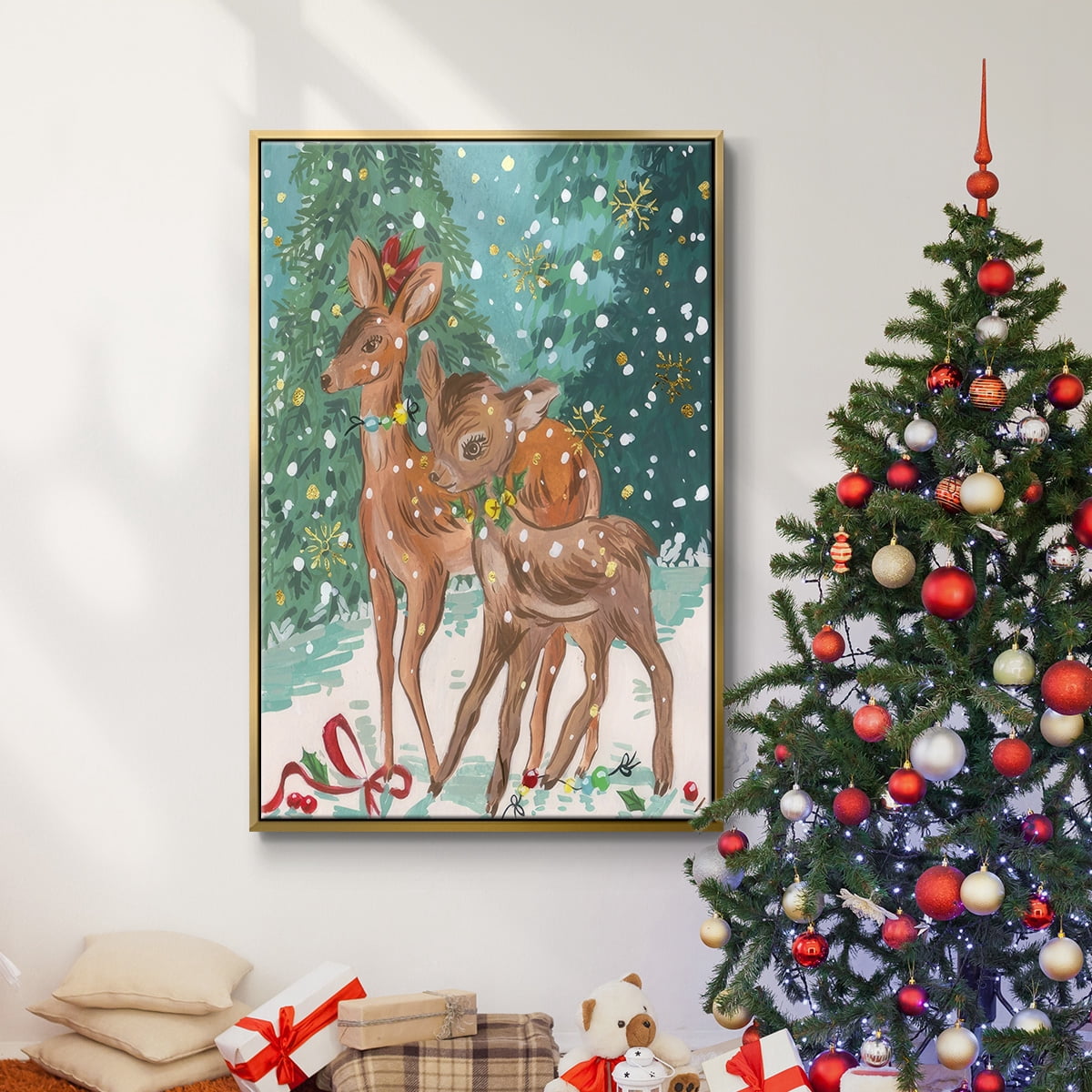 Doe and Fawn I - Framed Gallery Wrapped Holiday Canvas - 17 x 25 - Gold Frame