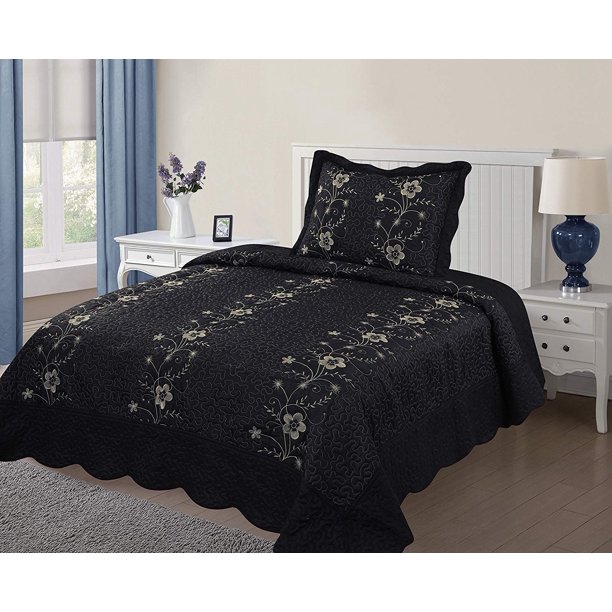 Golden Linens 2 pieces Solid Color Embroidery Floral Design Quilt