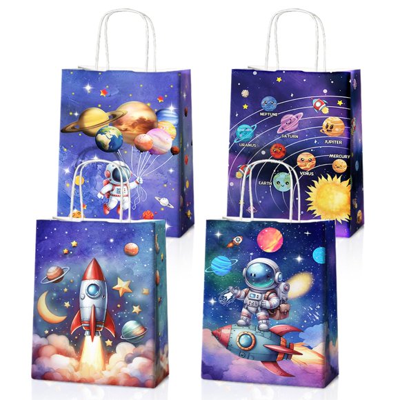 JOYGATHER - 24 bolsas de regalo de fiesta de astronauta con asas, con temática de galaxia espacial, bolsas de papel kraft de caramelos para niños, suministros de fiesta de cumple