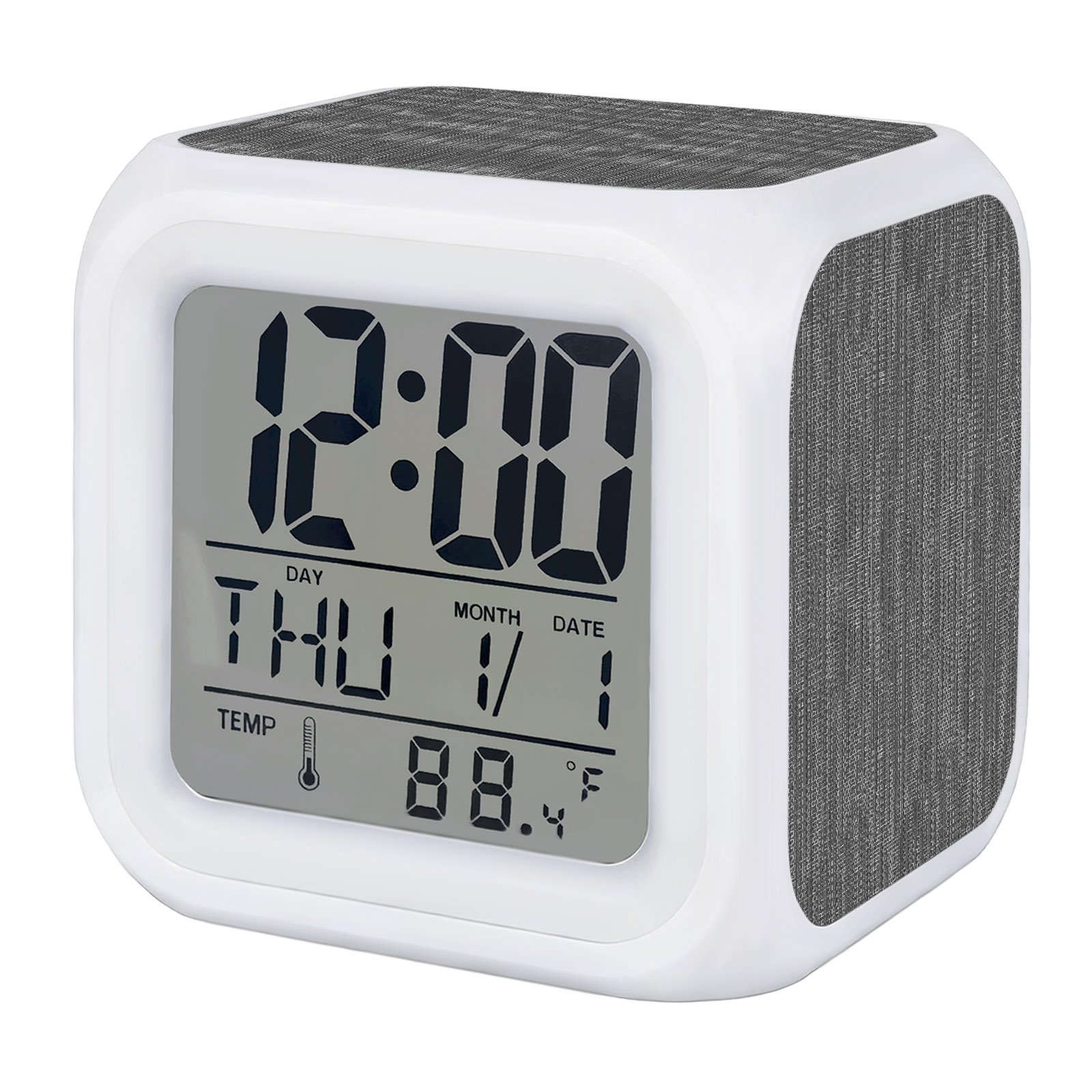 Grey Alarm Clock, Country Vintage Minimalist Solid Color Backdrop Digital Clock Night Light with 7 Color, Calendar Temperature Display, LED Desk Small Clock for Bedrooms Bedside Living Room