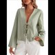 thumbnail image 1 of Camisa Y2K para Mujer, Blusa con Mangas Acampanadas y Cuello en V, Estilo Casual. Pasta de Frijoles S, 1 of 10