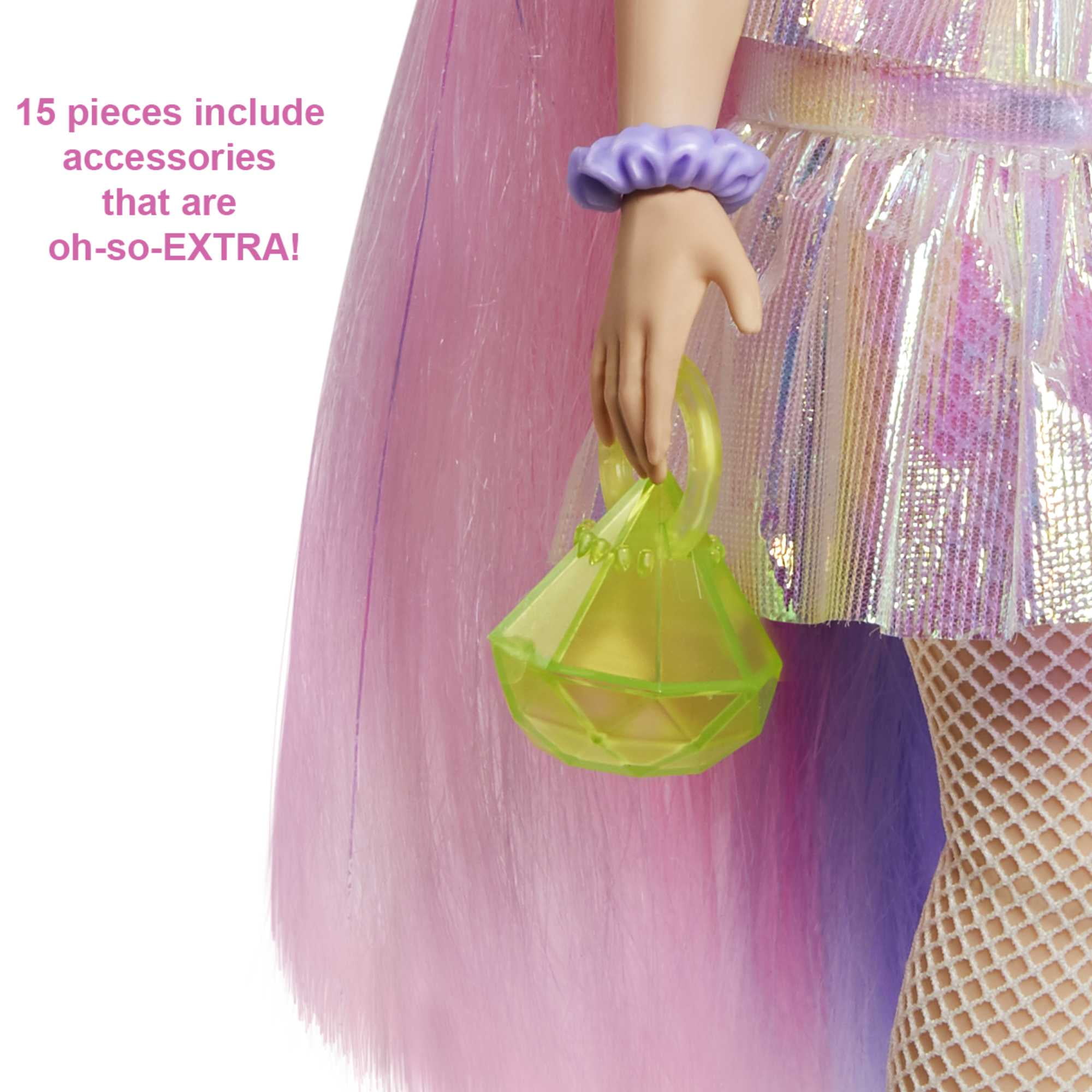 Barbie Extra Fashion Doll with Shimmery Look, Pink & Purple Fantasy Hair, Accessories & Pet