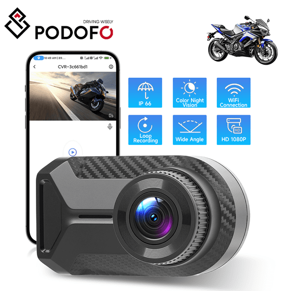 Podofo Mini Motorcycle Dash Cam 1080P IP66 Waterproof Front Camera Without Display, 110° Wide Angle Night Vision, WiFi App, Loop Recording
