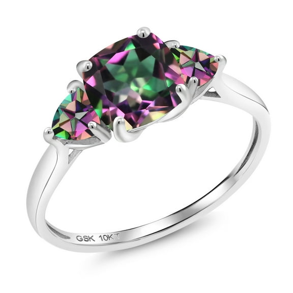 Gem Stone King 10K White Gold Green Mystic Topaz 3-Stone Engagement Ring for Women | 2.51 Cttw | 7MM Cushion | 4MM Trillion | Wedding Engagement Anniversary Promise Ring for Women| Size 5