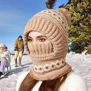 3 in-1 Beanie Hat for Women, Womens Balaclava Winter, Cold Knitted Hats Thick Fleece Lined Winter Scarf Hat with Maske for(Khaki)(XX)
