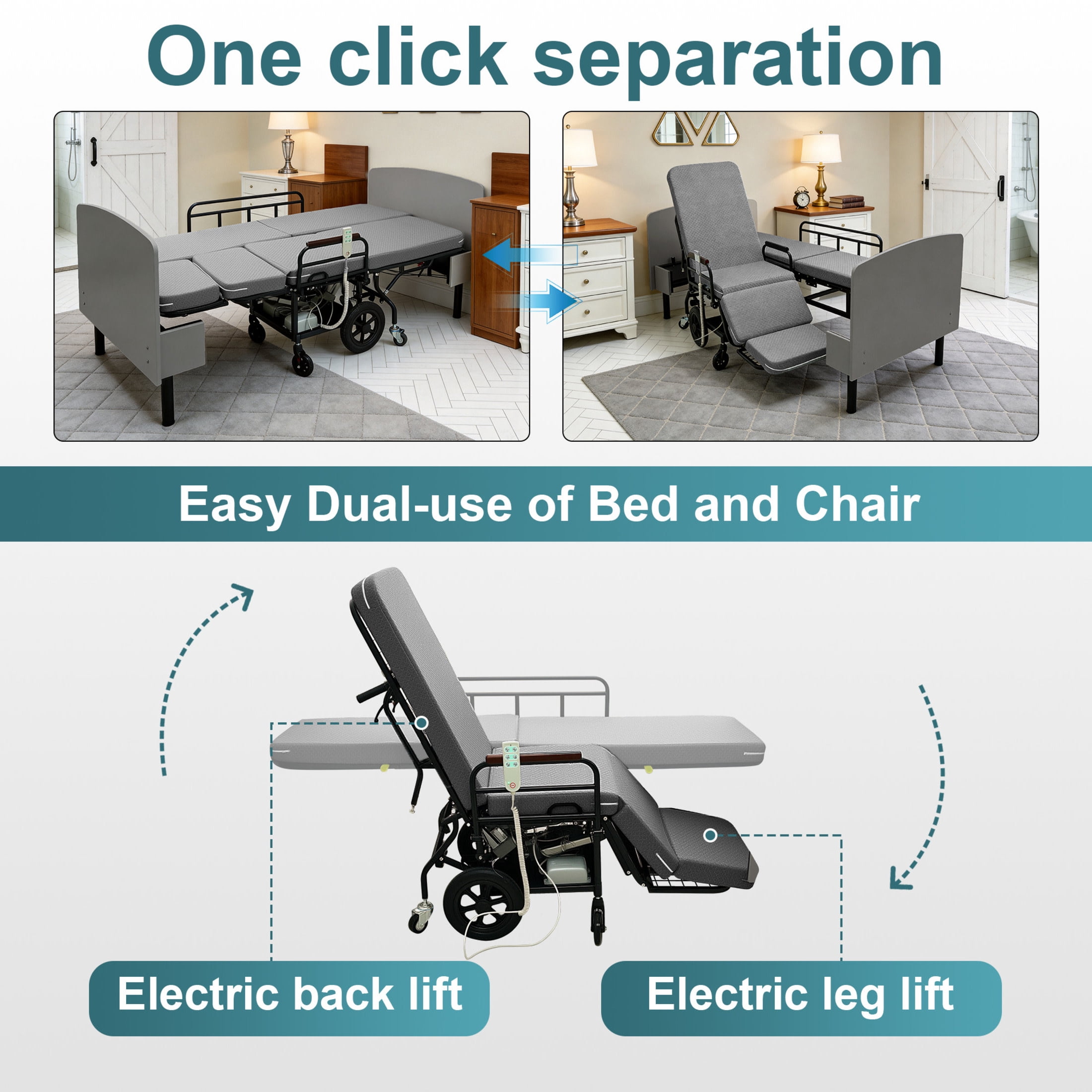 Noble House 3-in-1 Electric Nursing Bed, Adjustable Care Bed Converts to Wheelchair & Stretcher, Gray