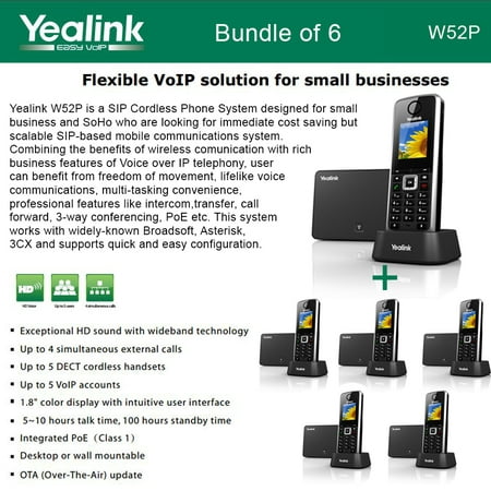 Yealink W52P 6-PACK SIP Cordless Phone IP DECT Phone Handset and Base