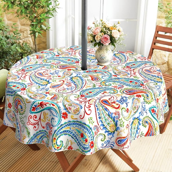 Outdoor Tablecloth with Umbrella Hole and Zipper, Round Patio Table Covers for Spring/Summer, Machine Washable Outdoor Picnic Table Cloth (Paisley, 60" Round)