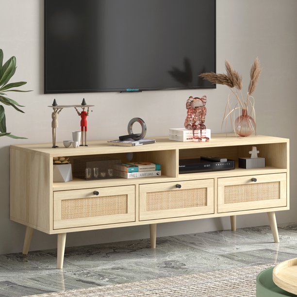 YISUYA Rattan TV Stand, TV Media Stand, Mid Century Modern Farmhouse