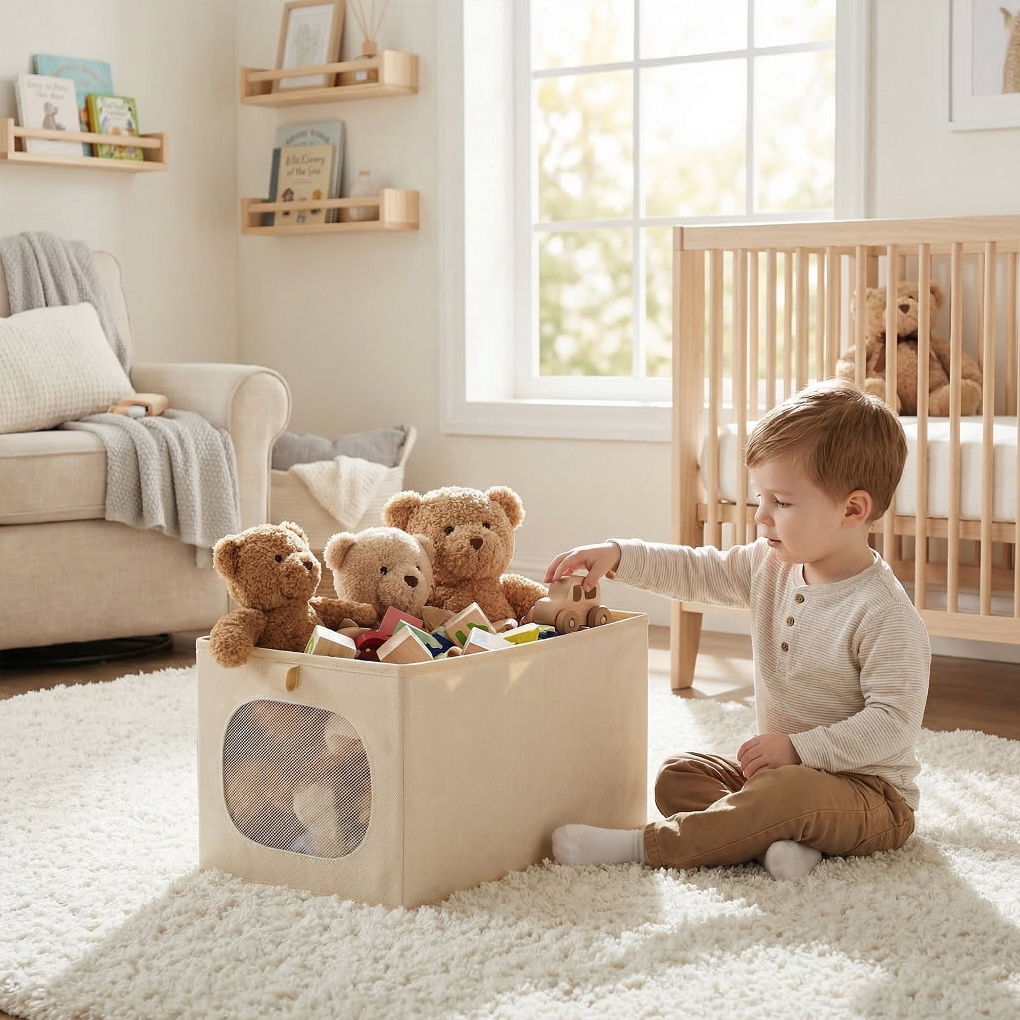 Unique Bargains Fabric Storage Bin With Bottom Beige 18.5*11.8*9.8in
