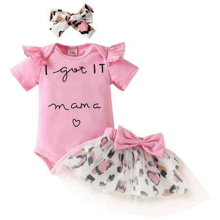 

Baby Girls Casual Outfit Sets Short Sleeve Triangle Romper + Leopard Print Mesh Skirt Bow Knot Loves Mom Sets Skirt Suit Cute Dress 2 Piece 6-9Months