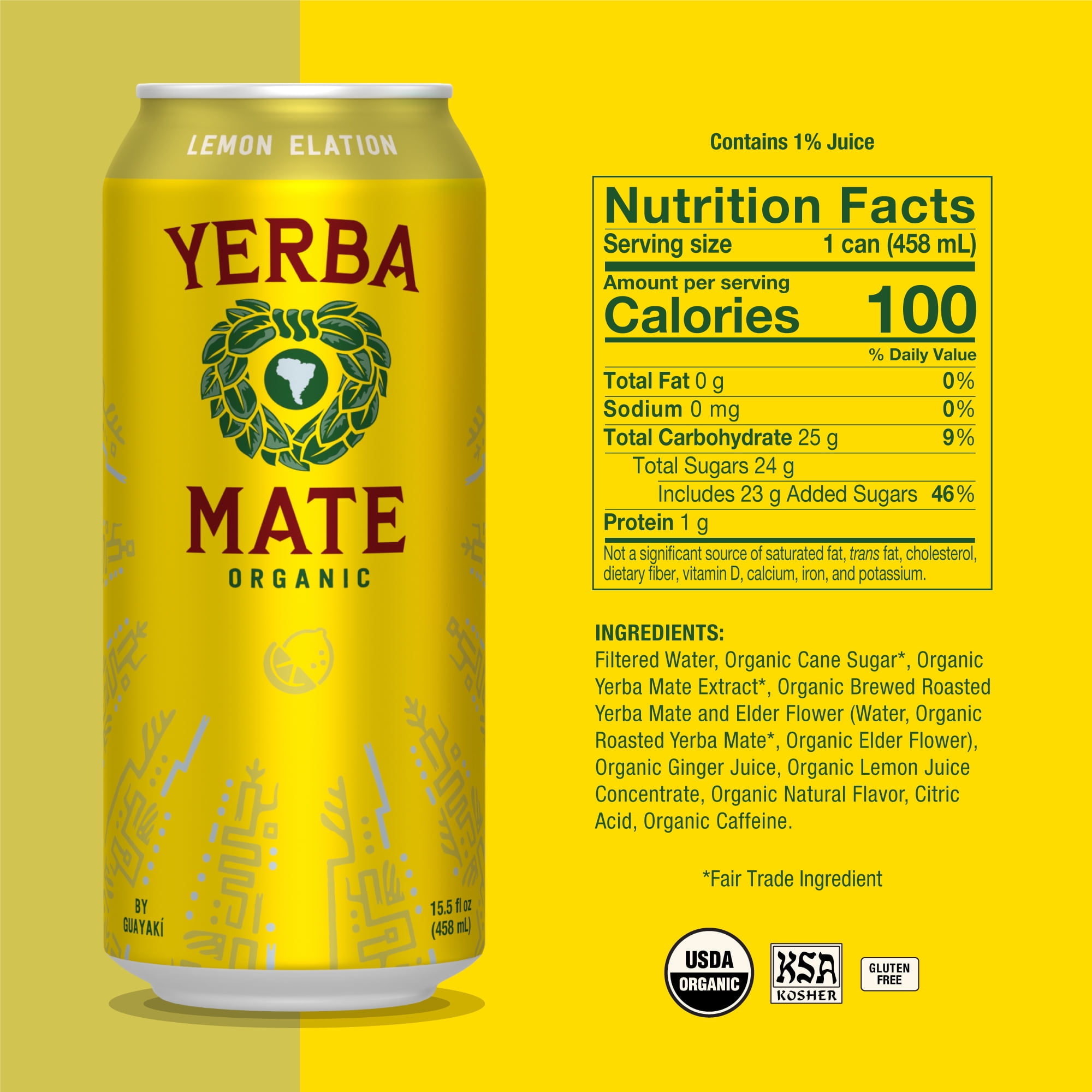Guayakí Yerba Mate, Organic Energy Drink Alternative, Lemon Elation, 150mg Natural Plant Based Caffeine, Better for You Energy & Focus, No Jitters or Crash, 15.5 Oz