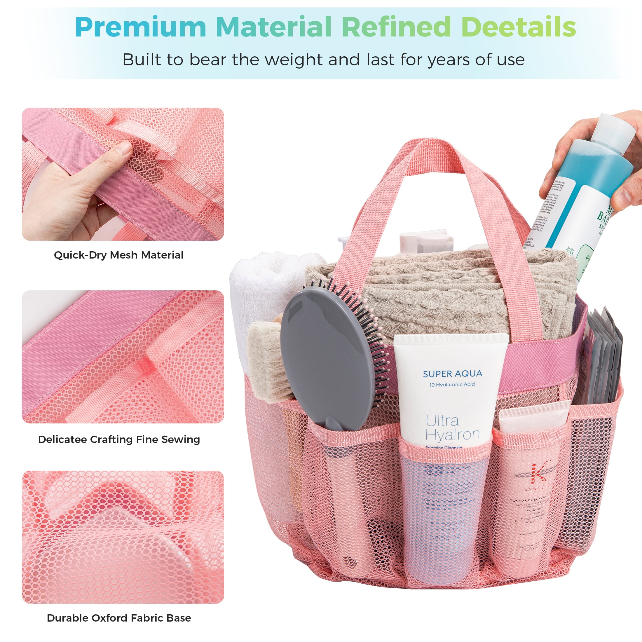 Siaomo Mesh Shower Caddy,Tote Bag for College Dorm,Bathroom,8 Pocket Basket,Quick Dry  Pink  (图5)