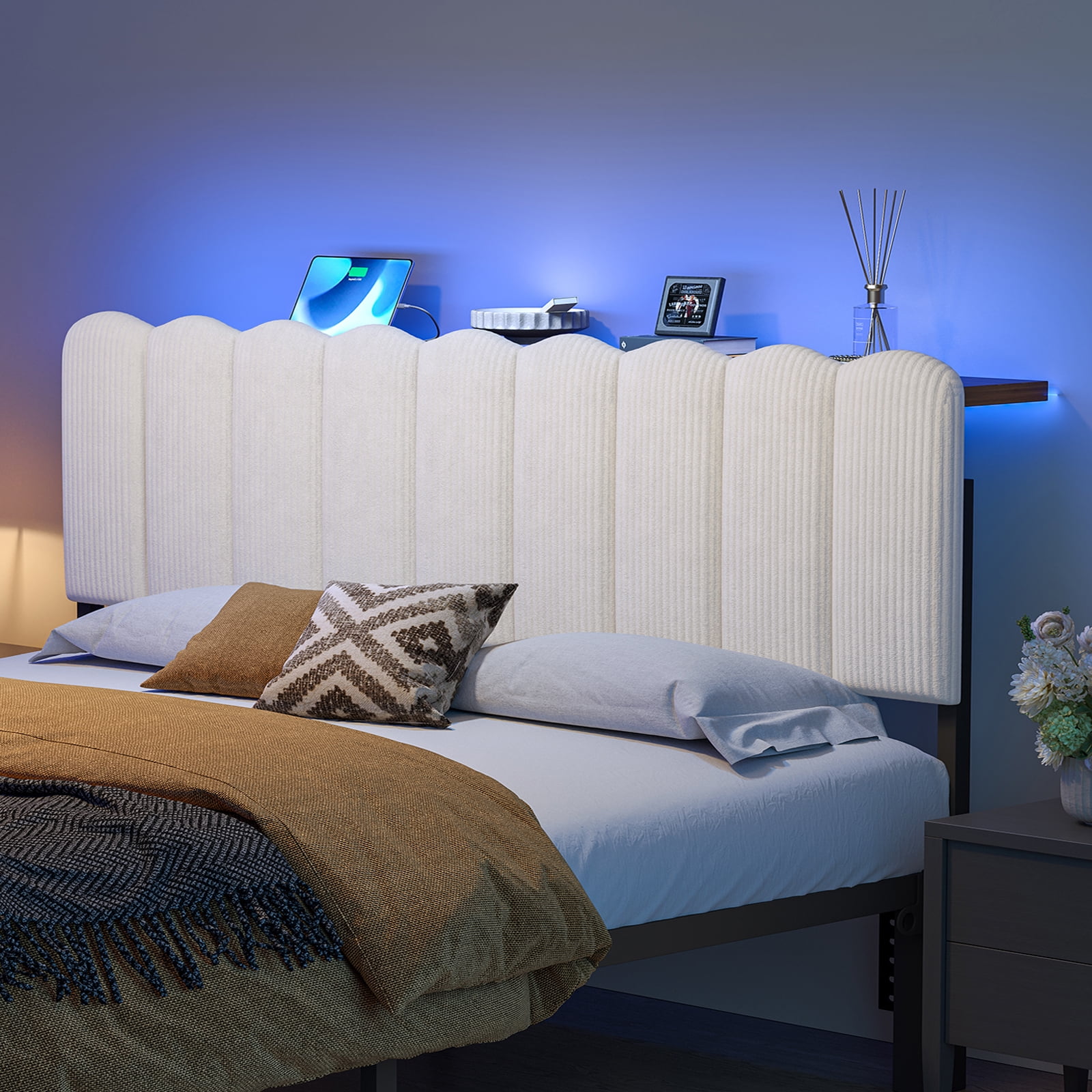 Pinmoco Queen Upholstered Headboard with Storage, LED Lights and Charging Station, Beige Striped Corduroy, Height Adjustable, Easy Assembly