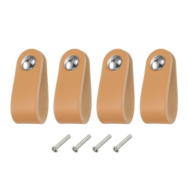 Uxcell 4 Packs Tiradores de Cajón de Cuero con Tornillos para Cajones, Beige/Plata