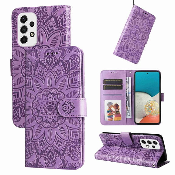 TECH CIRCLE Samsung Galaxy A53 5G Case,Sun Pattern Embossed PU Leather Magnetic Flip Cover Card Holders Hand Strap Wallet Purse Case for Samsung Galaxy A53 5G, Purple