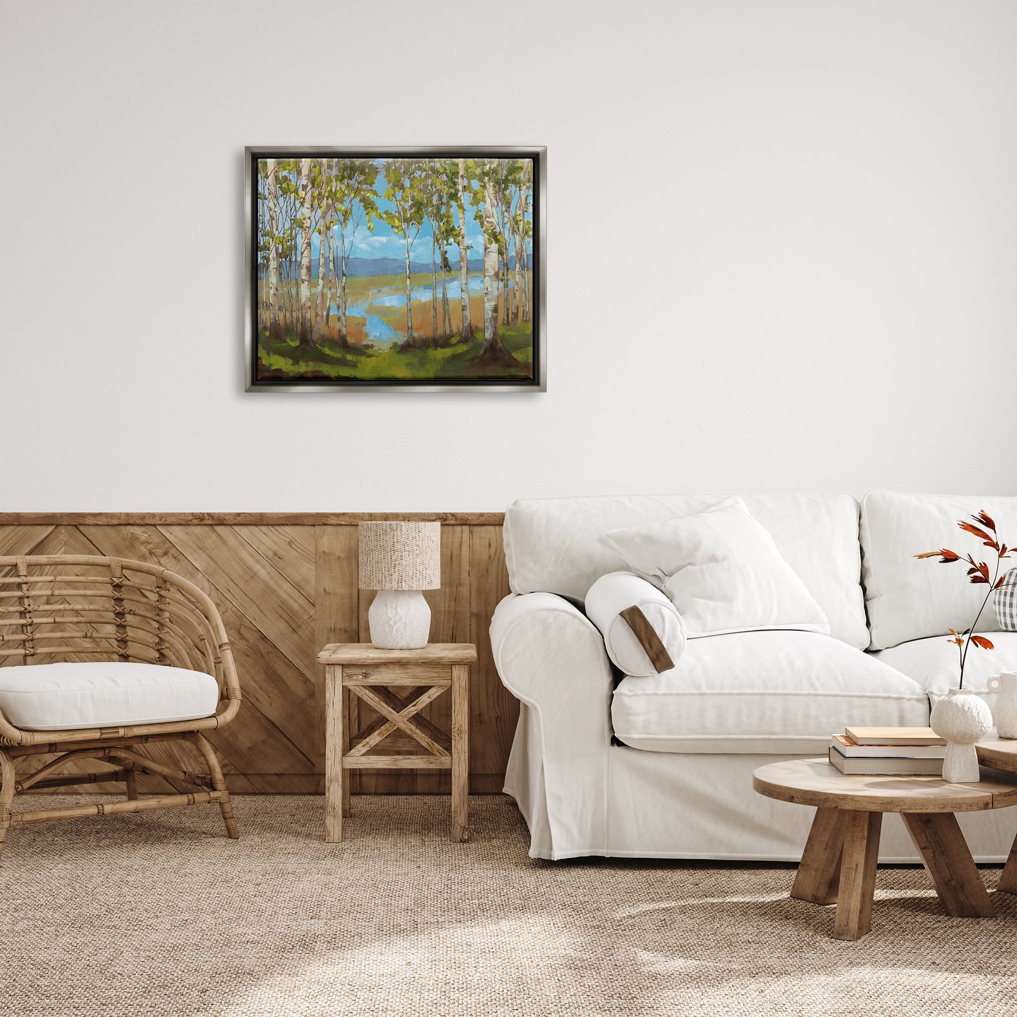 Stupell Industries Lake & Birch Tree Landscape Nature Painting Gray Floater Framed Art Print Wall Art, 31 x 25