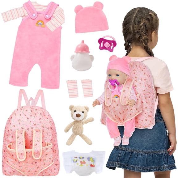 Baby Doll Clothes with Backpack Carrier for 14-18 Inch Doll, Reborn Baby Dolls Accessories Set with Bottles Pacifiers Toy Pretend Play Collection for 3 Child Girls Gifts