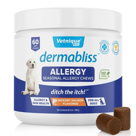UPC: 0717932350188 | Vetnique Labs Dermabliss Seasonal Allergy & Immune Support Supplement with Omega 3-6-9 for Dogs  Hickory Salmon Flavored  60 Count