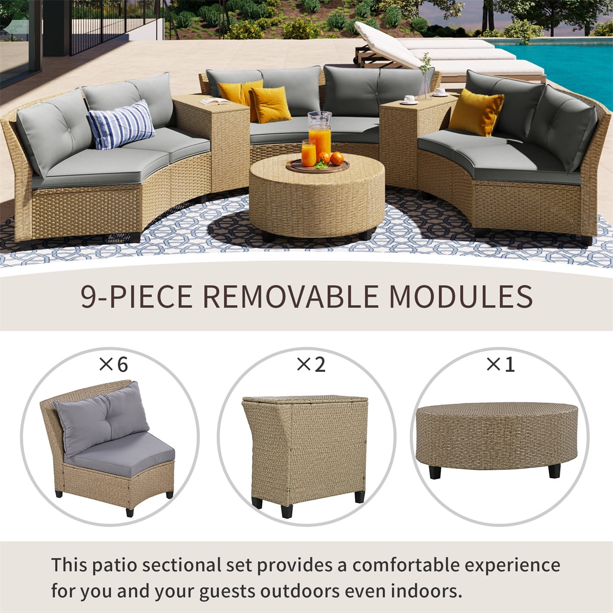 Highsound 9 Piece Patio Furniture Sectional Set, Outdoor All-Weather PE Rattan Wicker Conversation Set, Garden Sofa Set with Coffee Table and Couch Cushions