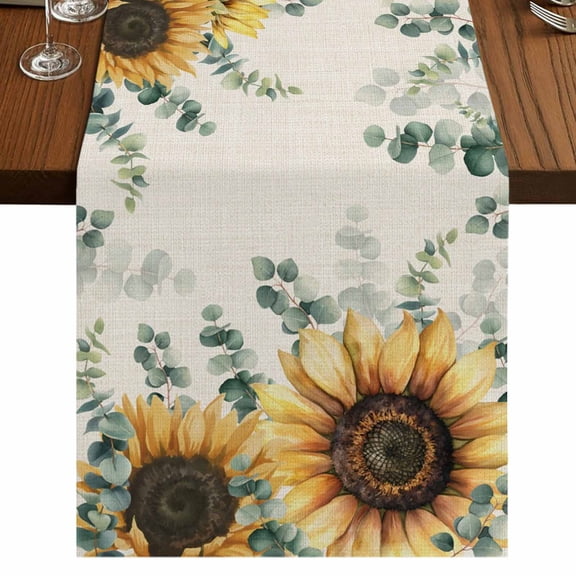 Table Runners 120 Inches Long Dress Scarves, Sunflower Eucalyptus Farmhouse Coffee/Dining/Kitchen Table Runner for Living Room, Farmhouse Weeping Botanical Linen 13x120 Inch