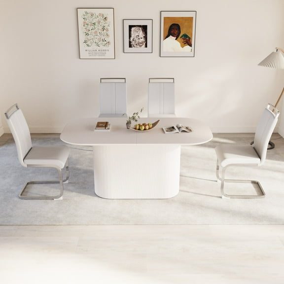 Medieval Modern Cream White MDF Dining Table Set with 4 Armless PU Leather Chairs and Silver Plated Metal Legs for Home Kitchen Gatherings