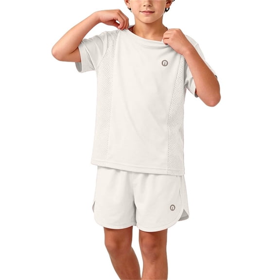 FSYBOA Boys Athletic Outfit Set Size 7T, 2 Piece Short Sleeves Summer Quick Dry Kids T Shirts and Shorts White