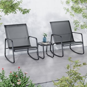 Ainfox 3-Piece Rocking Bistro Set with Glass Table, Gray