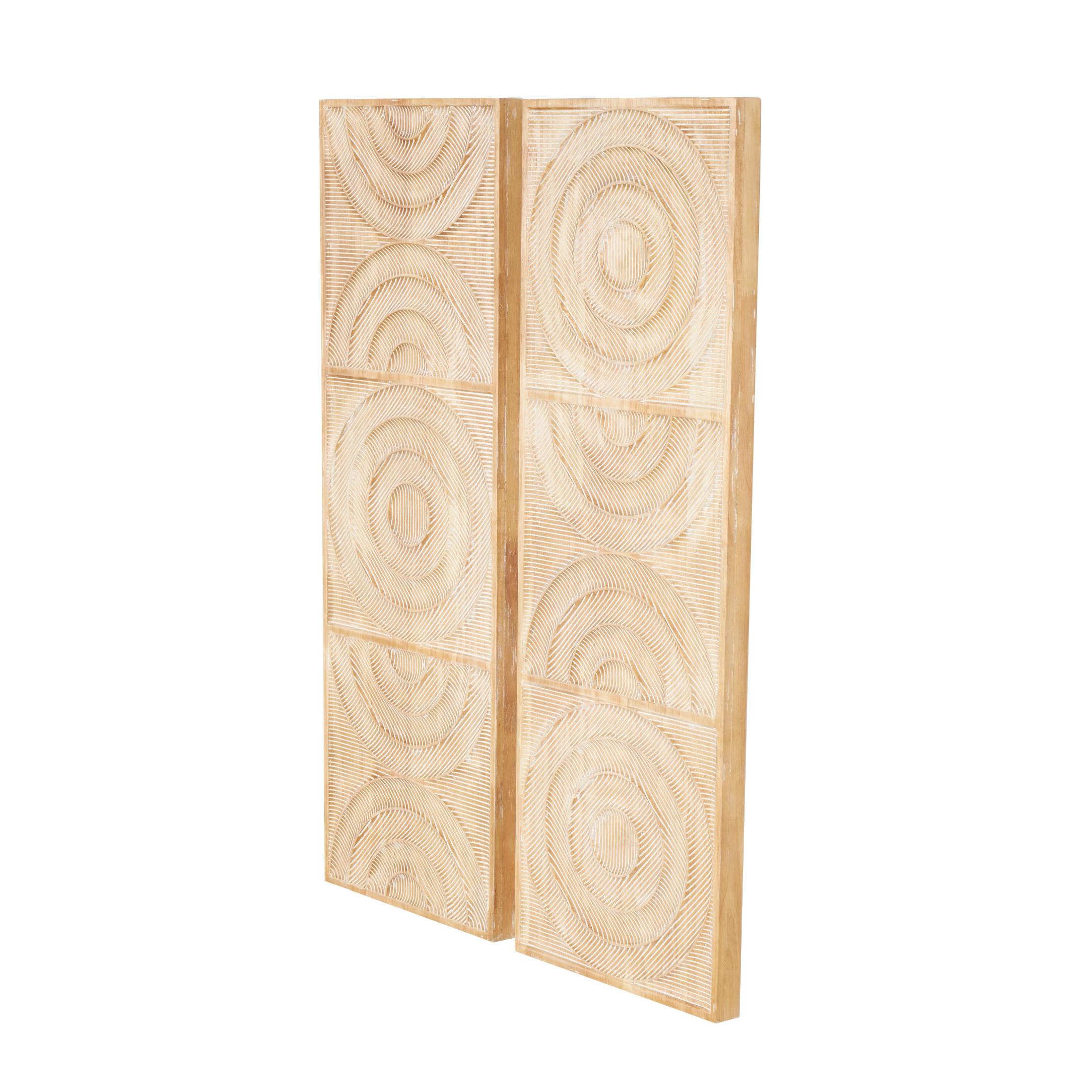 DecMode Light Brown Wood Carved Panel Arch Geometric Wall Decor with White Linear Markings (2 Count)