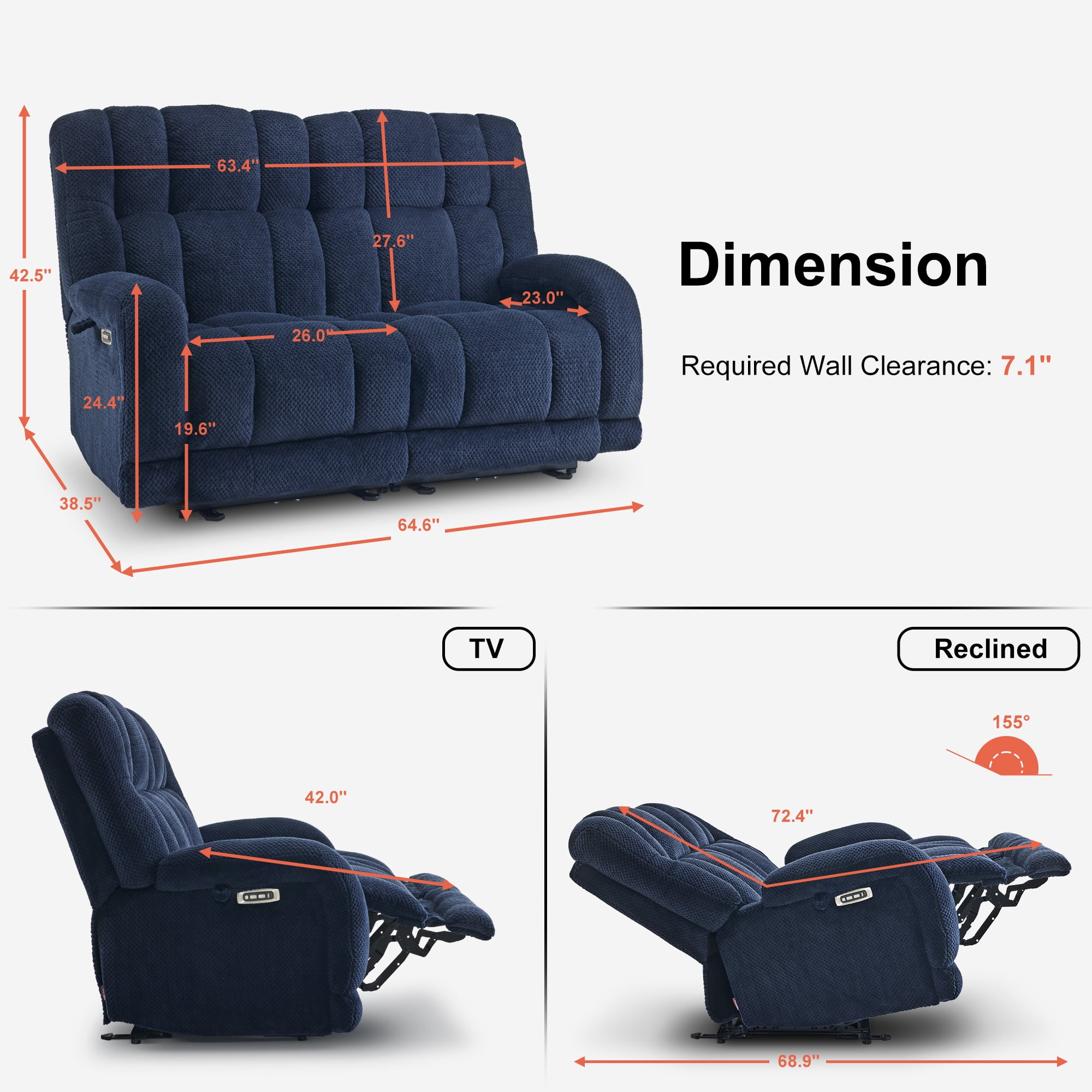 MCombo Power Recliner Loveseat Sofa with Adjustable Headrest, Heat and Vibration, 64.6" Fabric Electric Reclining Loveseat with USB Charge Ports for Living Room 6855