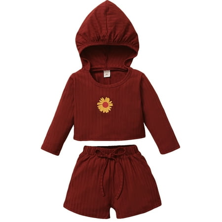 

elfinBE Baby Girl Child Toddler Solid Color Sunflower Printed Hooded Pants 2PCs Outfits Set 9-24M 2-4T