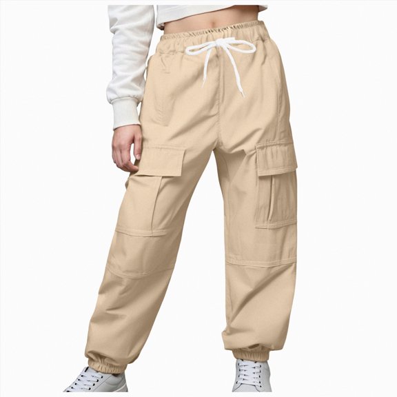 CAICJ98 Girls Cargo Pants Baggy Joggers Elastic Waist Drawstring with Pockets Casual Travel Hiking Streetwear Lightweight Girls Athletic Pants (Khaki,9-10 Years)