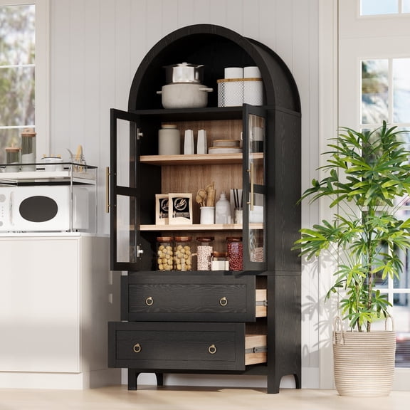 71" Tall Arched Kitchen Pantry Cabinet, Farmhouse Storage Cabinet with 2 Glass Doors, 2 Large Drawers, Adjustable Shelves, Freestanding Cupboard for Kitchen Dining Room, Black