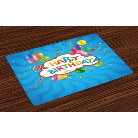 Birthday Placemats Set of 4 Wavy Blue Colored Backdrop with Greeting Text Party Hats Confetti Best Wishes, Washable Fabric Place Mats for Dining Room Kitchen Table Decor,Multicolor, by (Best Place For Colored Contacts)