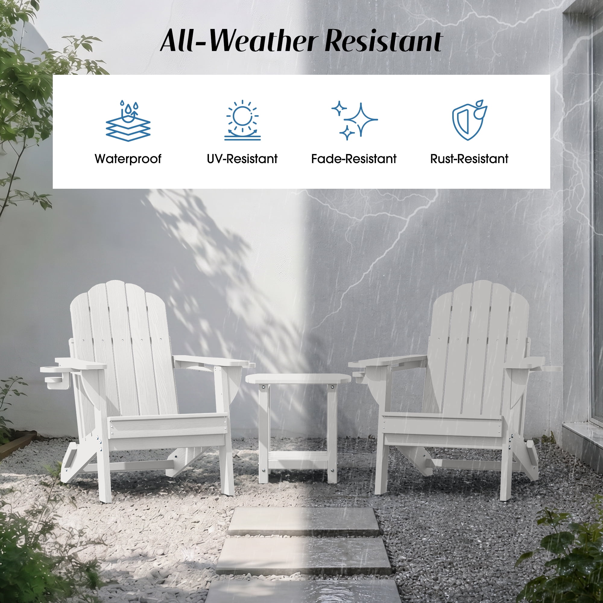 Folding Adirondack Chairs Set of 2, HDPE Plastic Fire Pit Chairs, White
