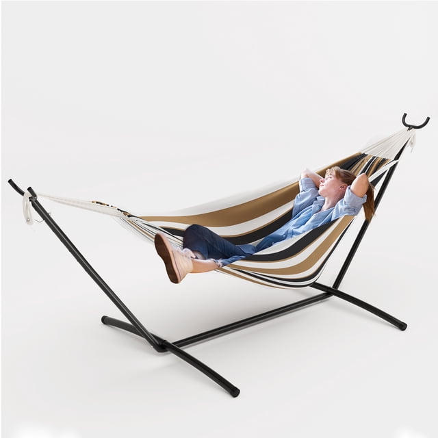 Edtara Hamac Double Portable avec Support, Hamac en Coton Capacité de 450 Lb pour 2 Adultes, Ensemble Autoportant Intérieur Extérieur avec Support en Acier Robuste et Sac de Transport