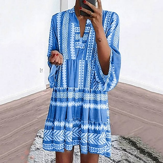 Robe Ample Bohème Rétro à Manches Longues pour Femmes avec Imprimé Graphique, Mini-Robe à Col en V