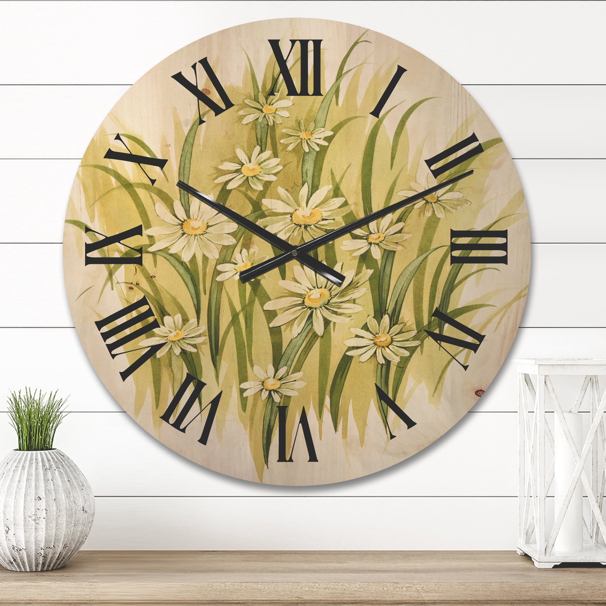 Designart 'Abstract White Meadow Flowers' Traditional Wood Wall Clock