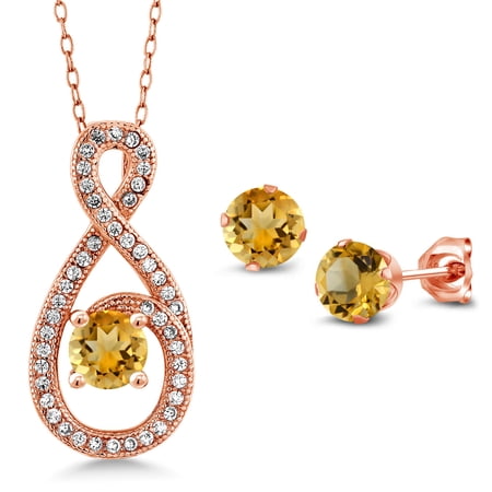 Gem Stone King 2.78 Ct Yellow Citrine 18K Rose Gold Plated Silver Pendant and Earrings Jewelry Set