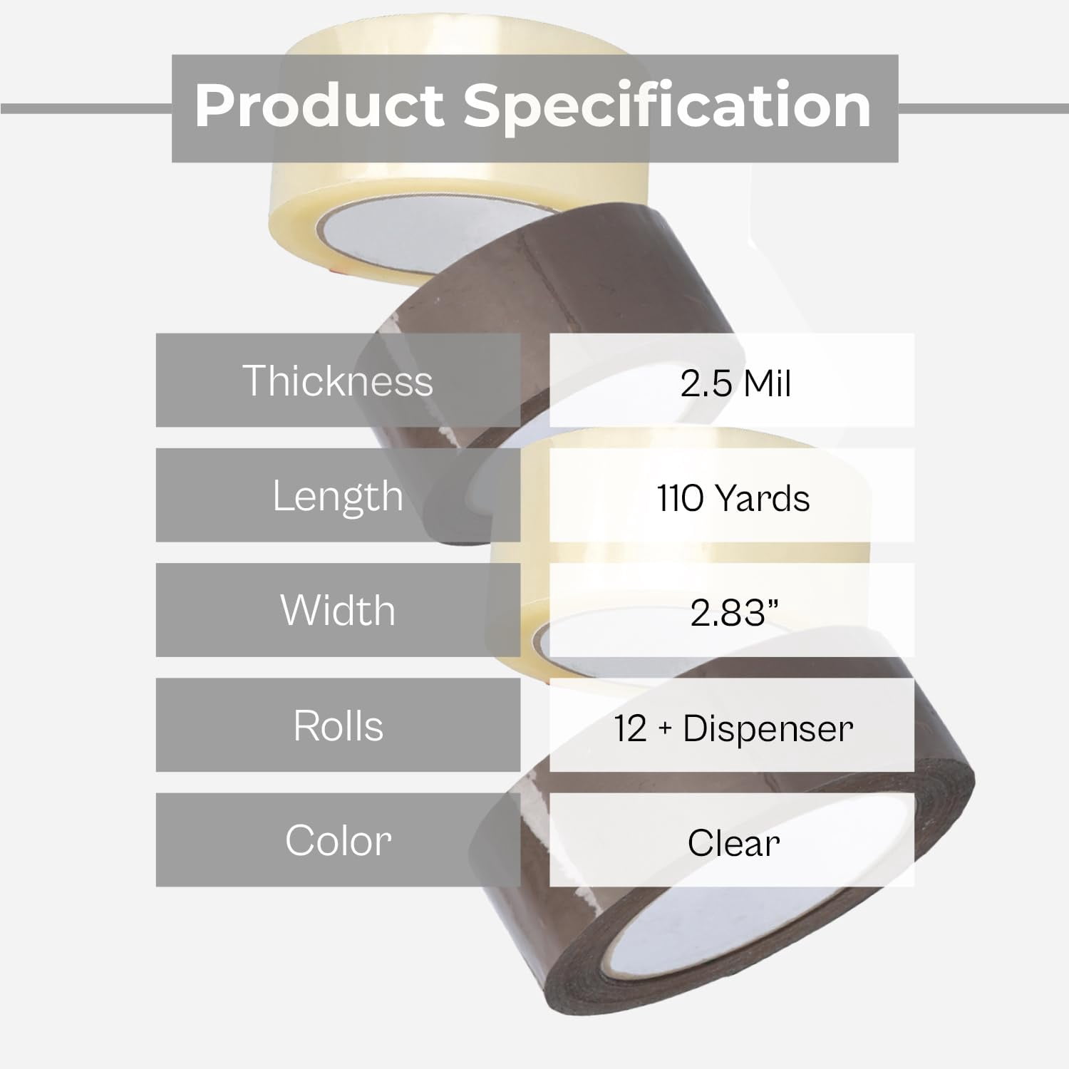 SSBM 2.5 Mil - Carton Sealing Packing Acrylic Tape with Dispenser for Smooth unwind, Secure Seal, Clear, 2.83" x 110 Yard (330 ft), 3" Core, 12 Pieces